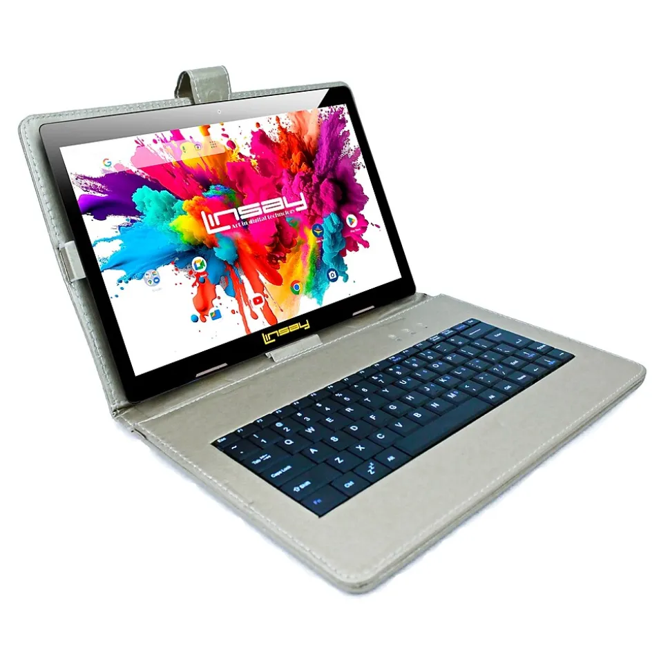 LINSAY® 10.1" OCTA CORE 128GB Storage Android 13 Tablet Dual Camera Android with Silver Keyboard and Pen Stylus