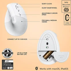 Logitech Lift Vertical Ergonomic Wireless Optical Mouse for Mac, White (910-006471)