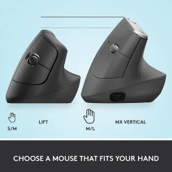 Logitech Lift Vertical Wireless Ergonomic Vertical Optical Bluetooth & USB Mouse, Graphite (910-006466)