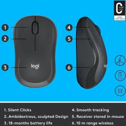 Logitech M220 Silent Wireless Ambidextrous Optical Mouse, Graphite (910-006127)