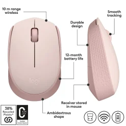 Logitech M170 Wireless Ambidextrous Optical Mouse, Rose (910-006862)