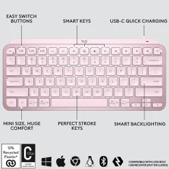 Logitech MX Keys Mini Wireless Ergonomic Keyboard, Rose (920-010474)