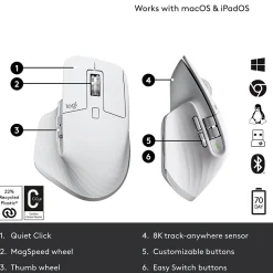 Logitech MX Master 3S Wireless Ergonomic Optical Bluetooth & USB Mouse, Pale Gray (910-006558)