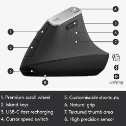 Logitech MX Vertical Wireless Ergonomic Vertical Ambidextrous Optical 2.4 GHz Mouse, Graphite (910-005447)