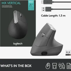 Logitech MX Vertical Wireless Ergonomic Vertical Ambidextrous Optical 2.4 GHz Mouse, Graphite (910-005447)