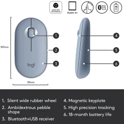 Logitech Pebble M350 Wireless Ambidextrous Optical Mouse, Blue Gray (910-005773)