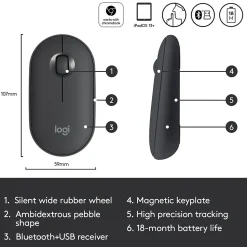 Logitech Pebble M350 Wireless Ambidextrous Optical USB Mouse, Graphite (910-005743)