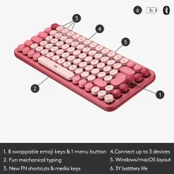 Logitech POP Keys Wireless Bluetooth Mechanical Keyboard, Heartbreaker (920-010709)