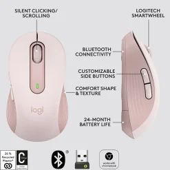 Logitech Signature M650 Wireless Ergonomic Optical Bluetooth & USB Mouse, Rose (910-006251)
