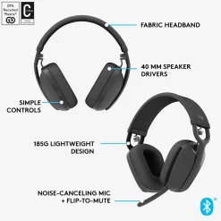 Logitech Zone Vibe 100 Wireless Noise Canceling Bluetooth Headset, Graphite (981-001256)