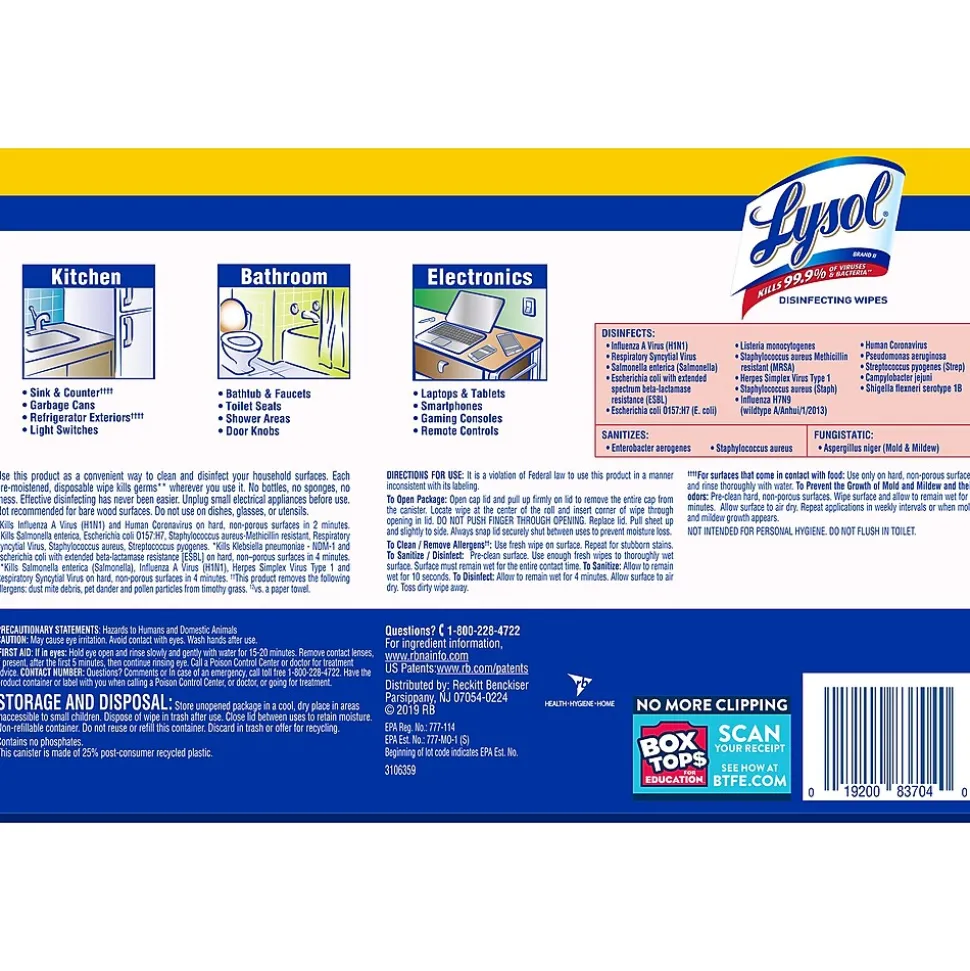 Lysol Disinfecting Wipes, Lemon and Lime Blossom, 80 Wipes/Canister, 4 Canisters/Pack (1920090641)