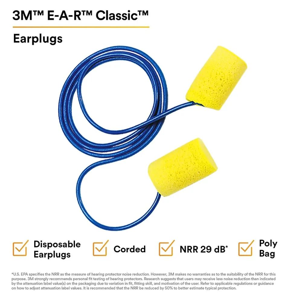 3M E-A-R Classic Earplugs, Corded, Poly Bag, 200 Pairs/Case (311-1101)