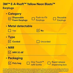 3M E-A-Rsoft Yellow Neon Blasts Earplugs, Corded, Poly Bag, Regular Size, 200 Pairs/Pack(311-1252)