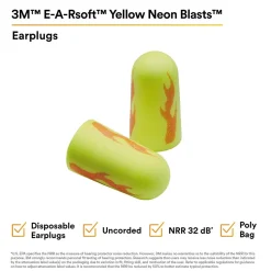 3M E-A-Rsoft Yellow Neon Blasts Earplugs, Uncorded, Poly Bag, Regular Size, 200 Pairs/Case (312-1252)