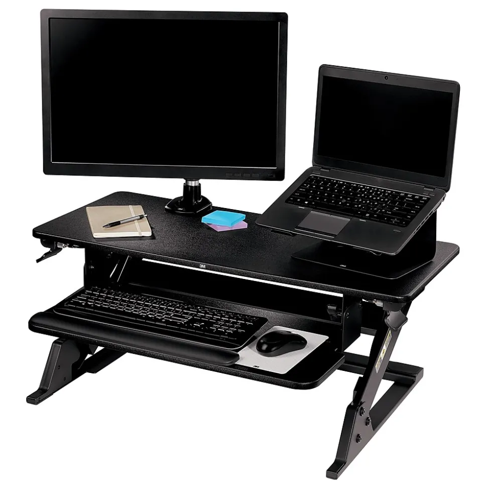 3M Precision Standing Desk 35"W Manual Adjustable Desk Riser with Gel Wrist Rest and Precise Mouse Pad, Black (SD60B)