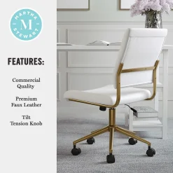 Martha Stewart Ivy Armless Faux Leather Swivel Office Chair, White/Polished Brass (CH2209211WHGLD)