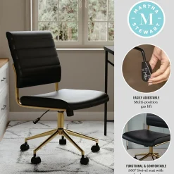 Martha Stewart Ivy Armless Faux Leather Swivel Office Chair, Black/Polished Brass (CH2209211BKGLD)