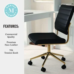 Martha Stewart Ivy Armless Faux Leather Swivel Office Chair, Black/Polished Brass (CH2209211BKGLD)