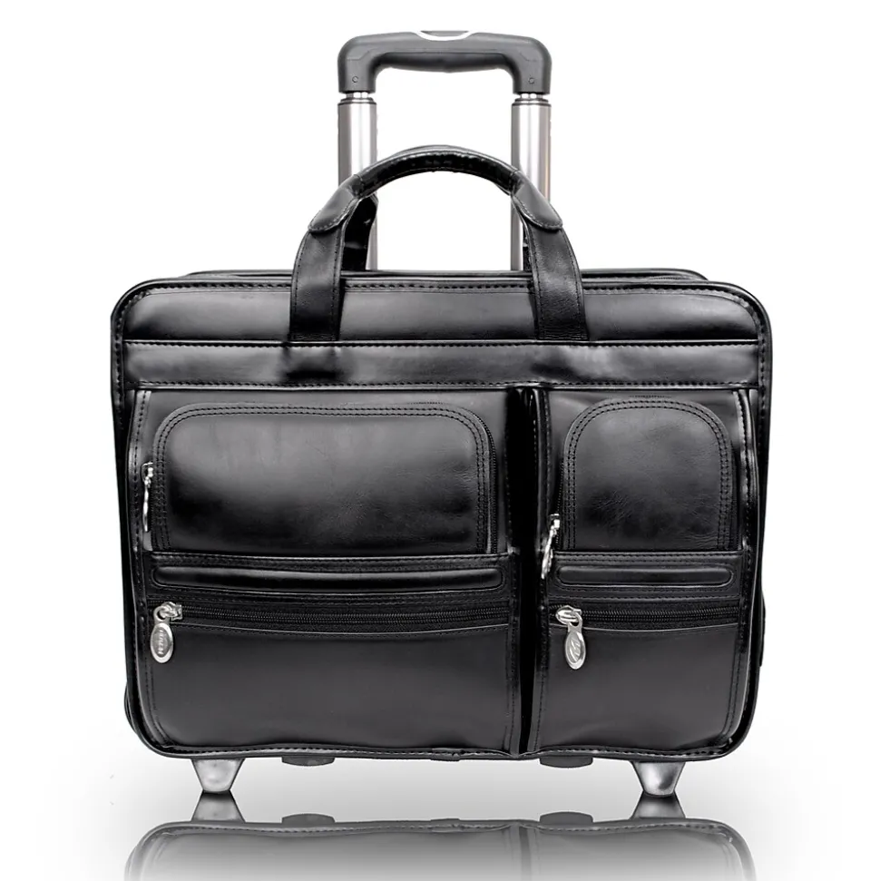 McKlein Clinton P Series Laptop Rolling Briefcase, Black Leather (88445)