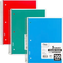 Mead 5-Subject Notebook, 8.5" x 11", College Ruled, 200 Sheets, Assorted Colors, Each (06780)