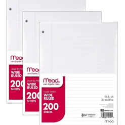 Mead Wide Ruled Filler Paper, 10.5 x 8", White, 200 Sheets/Pack, 3 Packs (MEA15200-3)