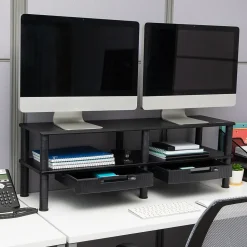 Mind Reader Adjustable Dual Monitor Stand Desktop Organizer with Drawers, Black (DBMON2TDR-BLK)