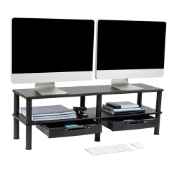 Mind Reader Adjustable Dual Monitor Stand Desktop Organizer with Drawers, Black (DBMON2TDR-BLK)