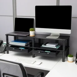 Mind Reader Adjustable Dual Monitor Stand Desktop Organizer with Drawers, Black (DBMON2TDR-BLK)