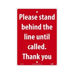 National Marker Wall Sign, "Please Stand Behind the Line Until Called. Thank You," Plastic, 14" x 10", Red (M611RB)