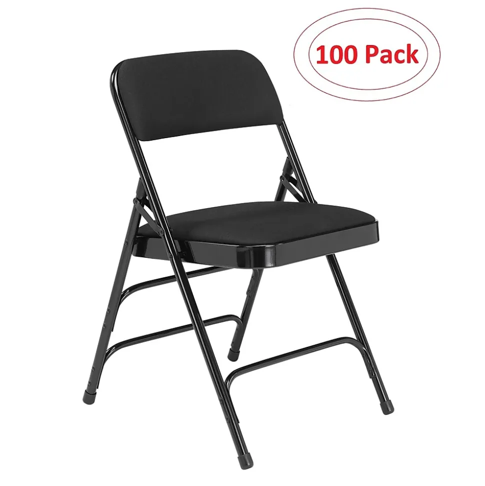 NPS 2300 Series Fabric Padded Triple Brace Double Hinge Premium Folding Chairs, Midnight Black/Black, 100 Pack (2310/100)