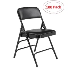 NPS 1300 Series Premium Vinyl Upholstered Triple Brace Double Hinge Folding Chair, Black, 100 Pack (1310/100)