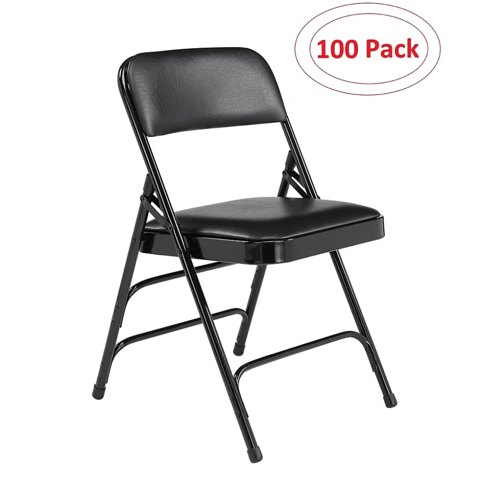 NPS 1300 Series Premium Vinyl Upholstered Triple Brace Double Hinge Folding Chair, Black, 100 Pack (1310/100)