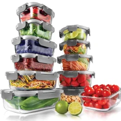 NutriChef Stackable Borosilicate Glass Food Storage Containers Set, 24-Piece (NCGLGY)
