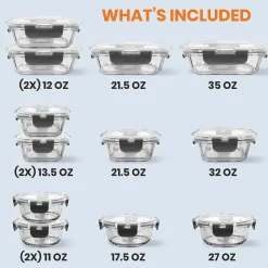 NutriChef Stackable Borosilicate Glass Food Storage Containers Set, 24-Piece (NCGLGY)