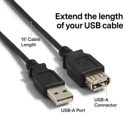NXT Technologies™ 15' USB A to USB A Cable, Male to Female, Black (NX29741)