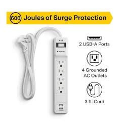 NXT Technologies™ 4-Outlet Plus USB Surge Protector, 3' Cord, 600 Joules (NX54310)