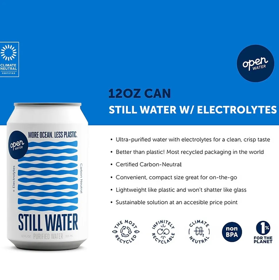 Open Water Still Canned Water with Electrolytes, 12oz, 12/Case (343-00002)