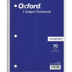 Oxford 1-Subject Notebooks, 8" x 10.5", College Ruled, 70 Sheets, Each (65022)