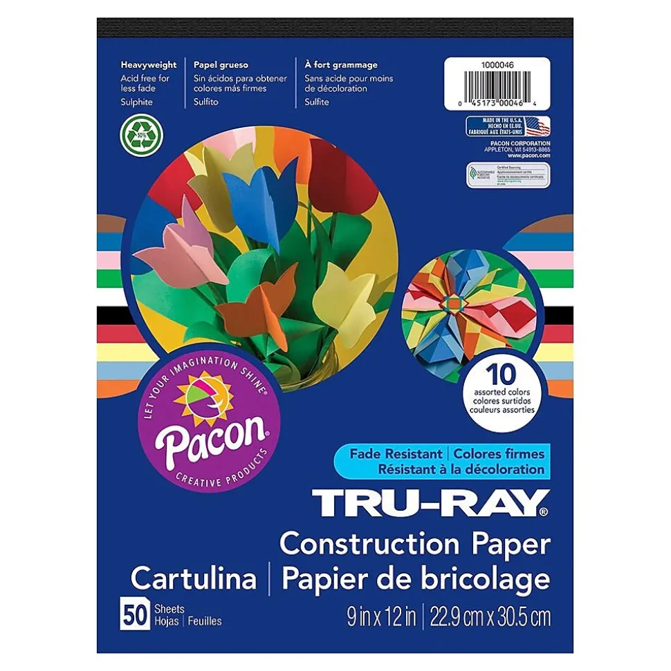 Pacon 9" x 12" Construction Paper, Assorted Colors, 50 Sheets/Pack, /Pad (P1000046)