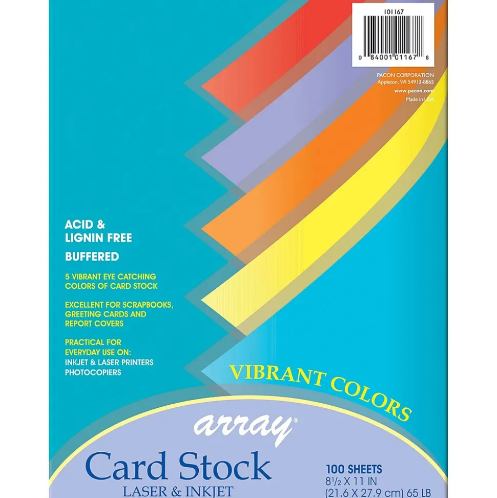 Pacon Array 65 lb. Cardstock Paper, 8.5" x 11", Assorted Colors, 100 Sheets/Pack, 2 Packs/Bundle (PAC101167)