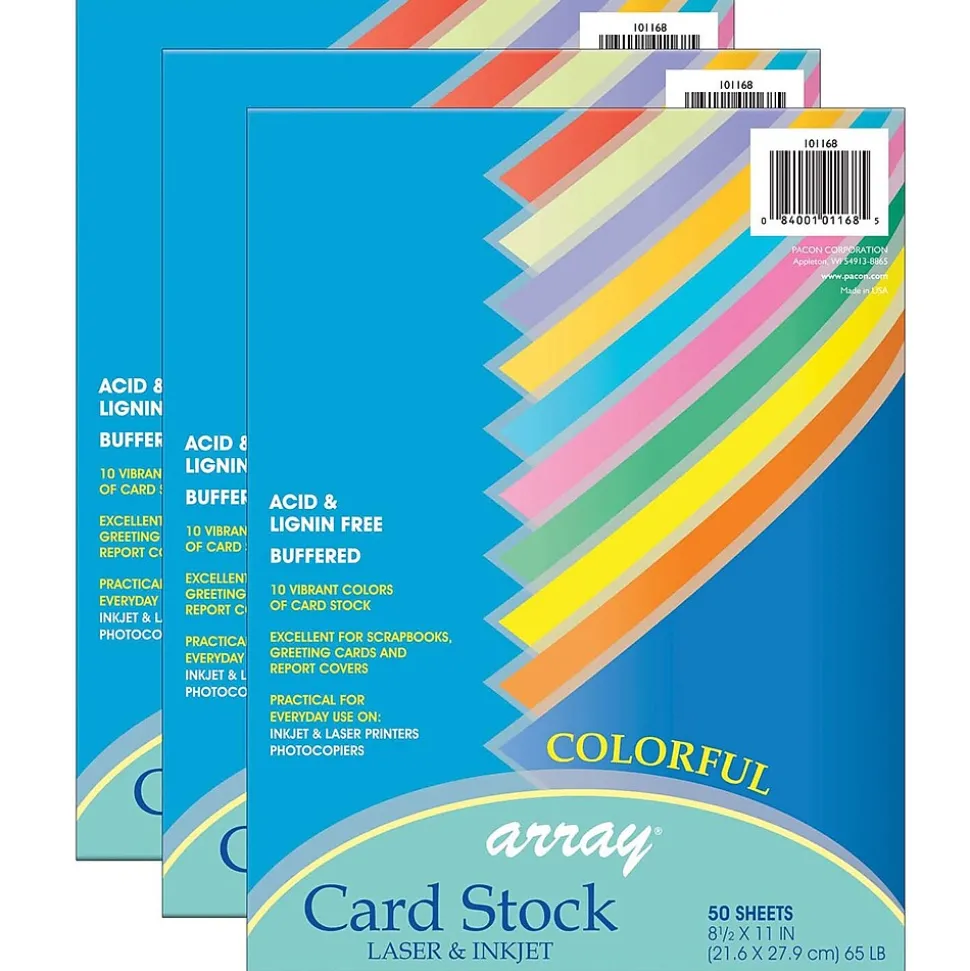 Pacon Array Card Stock, 65 lbs., 8.5" x 11", Assorted Colors, 50 Sheets/Pack, 3 Packs (PAC101168-3)