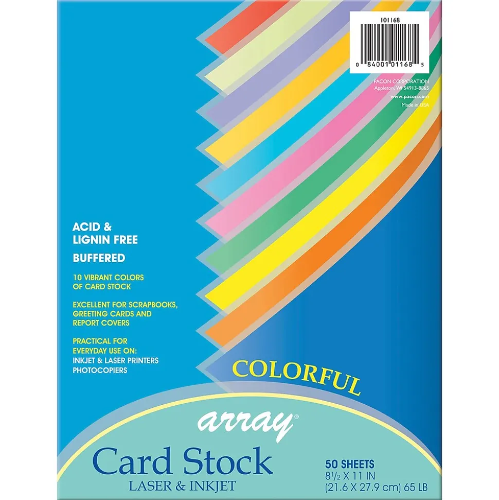 Pacon Array Card Stock, 65 lbs., 8.5" x 11", Assorted Colors, 50 Sheets/Pack, 3 Packs (PAC101168-3)
