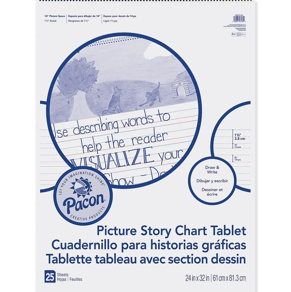Pacon Picture Story Chart Tablet, White, Ruled Short, 1-1/2" Ruled, 24" x 32", 25 Sheets Per Pack, 2 Packs (PACMMK07430-2)