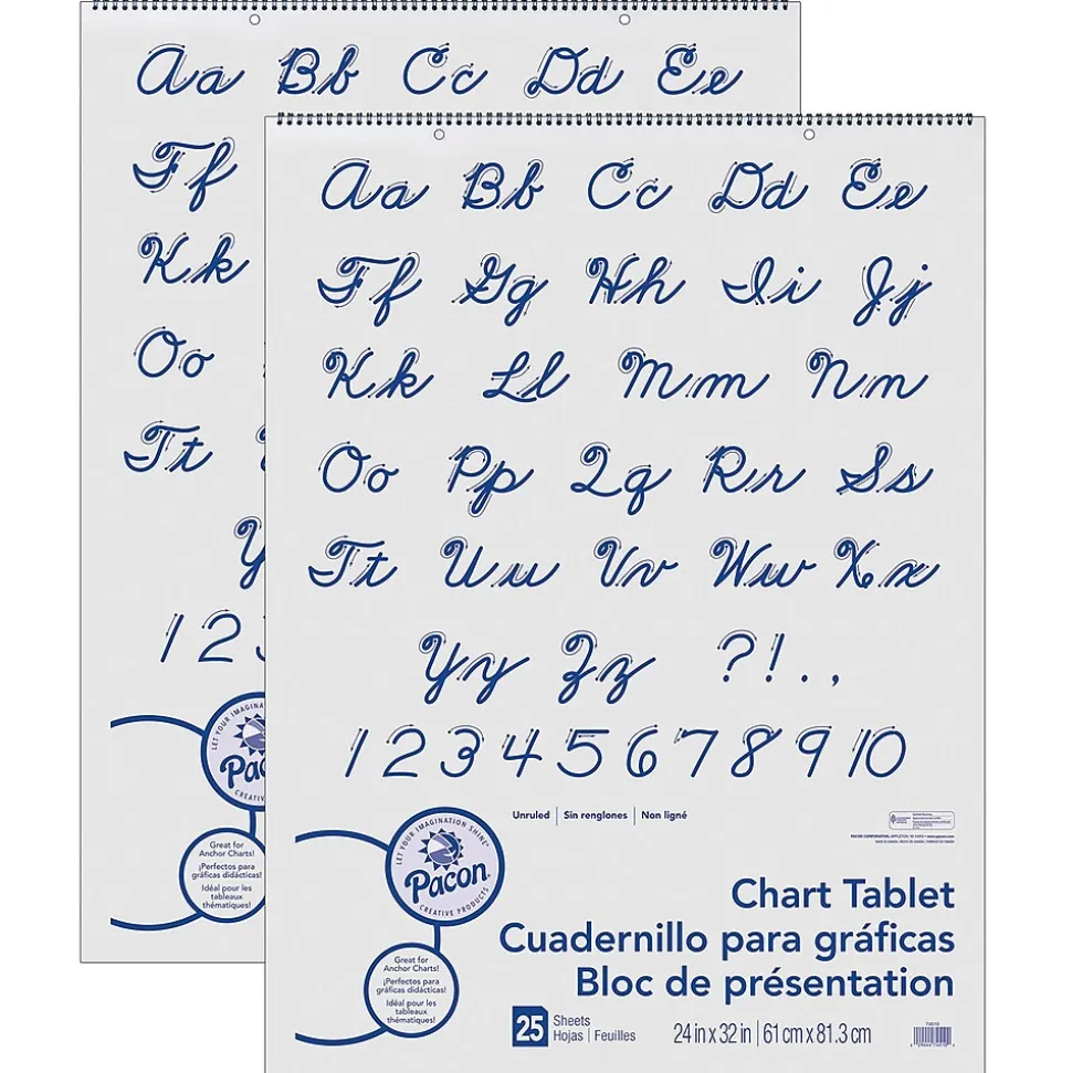 Pacon Unruled Cursive Cover Chart Tablet Easel Pad, 24" x 32", White, 25 Sheets/Pad, Pack of 2 (PAC74510-2)