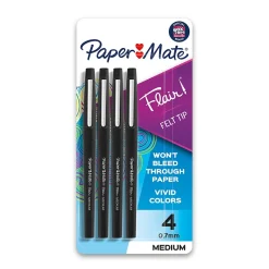 Paper Mate Flair Felt Pen, Medium Point, 0.7mm, Black Ink, 4 Pack (84344)
