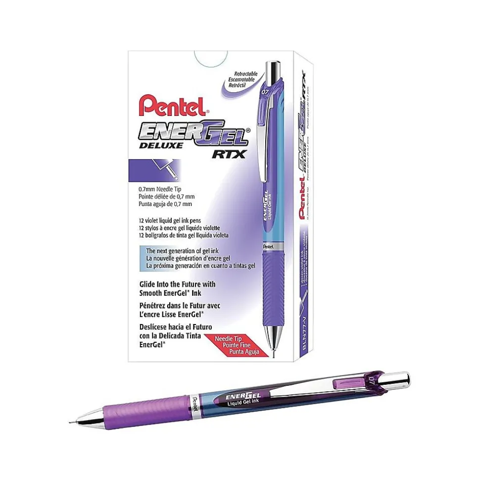 Pentel EnerGel Deluxe RTX Retractable Gel Pens, Medium Point Needle Tip, Purple Ink, 12/Pack (BLN77-V)