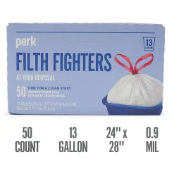 Perk™ 13 Gallon Kitchen Trash Bag, 28" x 24", Low Density, 0.9 mil, White, 50 Bags/Box (PK56745)