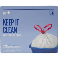Perk™ 13 Gallon Kitchen Trash Bag, 28" x 24", Low Density, 0.9 mil, White, 120 Bags/Box, 3 Boxes/Carton (PK56750CT)