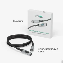 Plugable 3.3' USB C Extension Cable with Built-in Multimeter Tester (USBC-METER3-1MF)