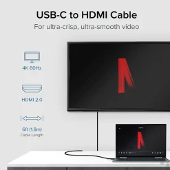 Plugable USB 3.1 Type C to HDMI 2.0 Audio/Video Cable, Male to Male, Black (USBC-HDMI-CABLE)